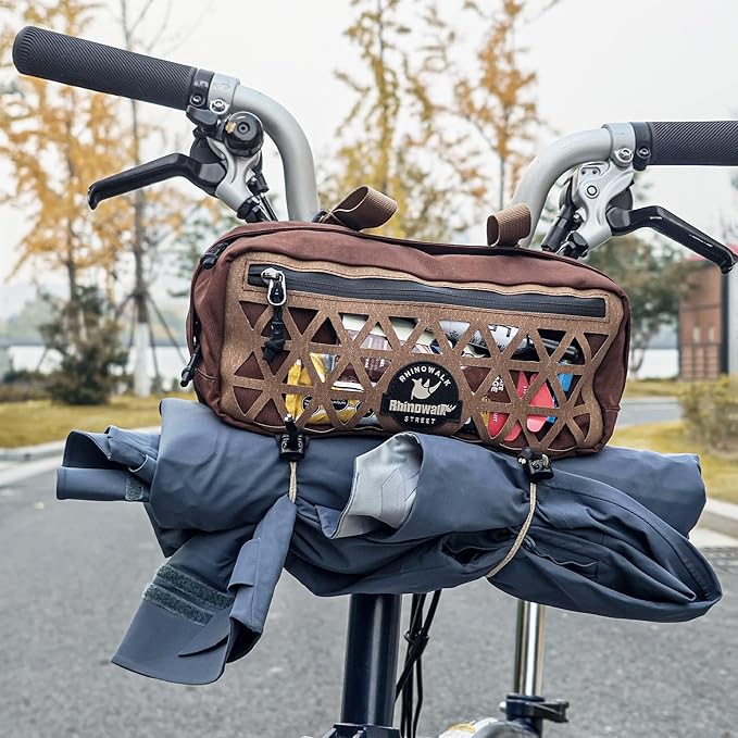 Rhinowalk Handlebar Bag for Brompton Folding Bike & Road Bikes, 1.9L Compact Pouch with Shoulder Strap, 3-Point Mounting, Front Zipper Pocket, Internal Storage for Cycling & Commuting (Dark Brown)