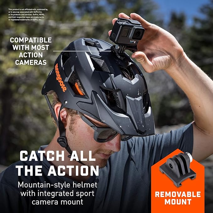Mongoose Capture Bike Helmet, Ages 8+, Built-in Camera Mount, Durable ABS Shell, Vents for Airflow, Adjustable Fit, Full-Range Internal Pads, Go-Pro Compatible, Helmet for Kids and Adults