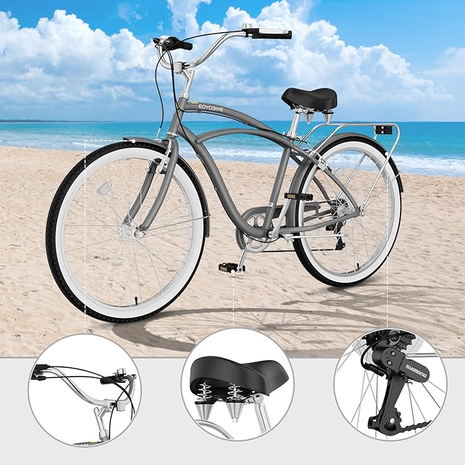 MOPHOTO 24" 26" Adult Bike 7-Speed Beach Cruiser Bike for Adults, Rear Rack, Fenders, Step-Through or Classic Frame