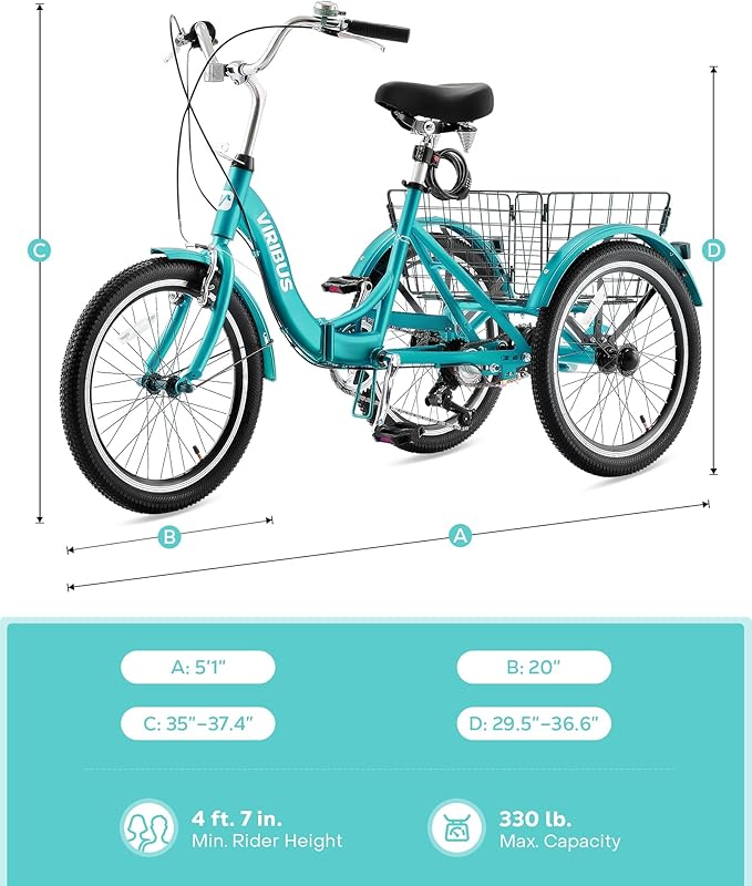 VIRIBUS Folding Tricycle for Adults, 20 inch Foldable Adult Tricycle 1 or 7 Speed Speed with Basket, Folding 3 Wheel Bikes for Adults Senior Women Men, Collapsible Mini Trike, Three Wheeler 330lb.