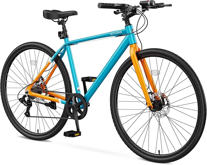 700C Hybrid Bike for Adults, Lightweight Aluminum City Commuter Bicycle, 8-Speed Urban Fitness Bike for Men & Women, Dual Disc Brakes, Upright Handlebar, LED Headlight & Reflectors