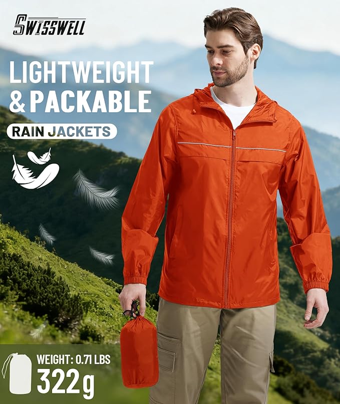SWISSWELL Mens Rain Jacket & Coats Packable Lightweight Waterproof Windbreaker Hooded for Golf Cycling Hiking