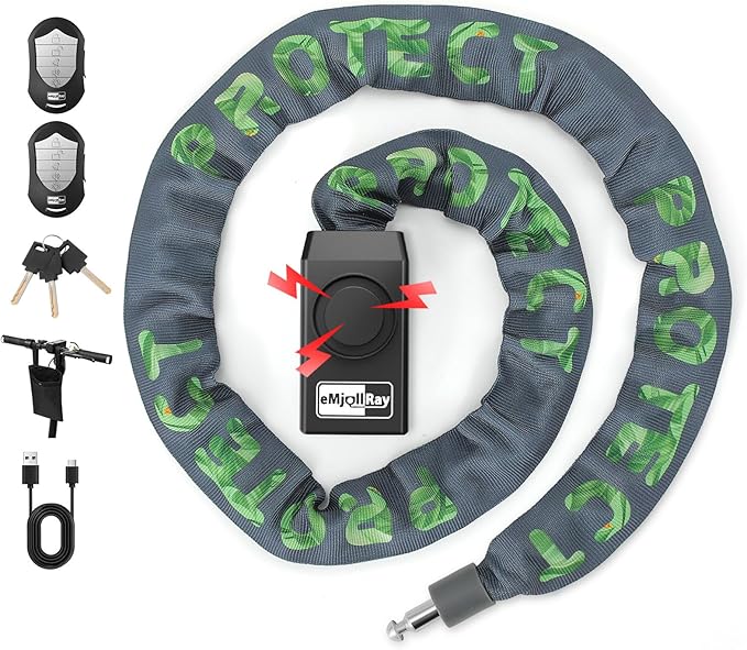 Bike Chain Lock with Alarm 8mm x 4ft E Scooter Lock Anti-Theft Alarm 110dB Security Heavy Duty with USB C Cable and 3 Keys for Bike/E Scooter/Motorcycle