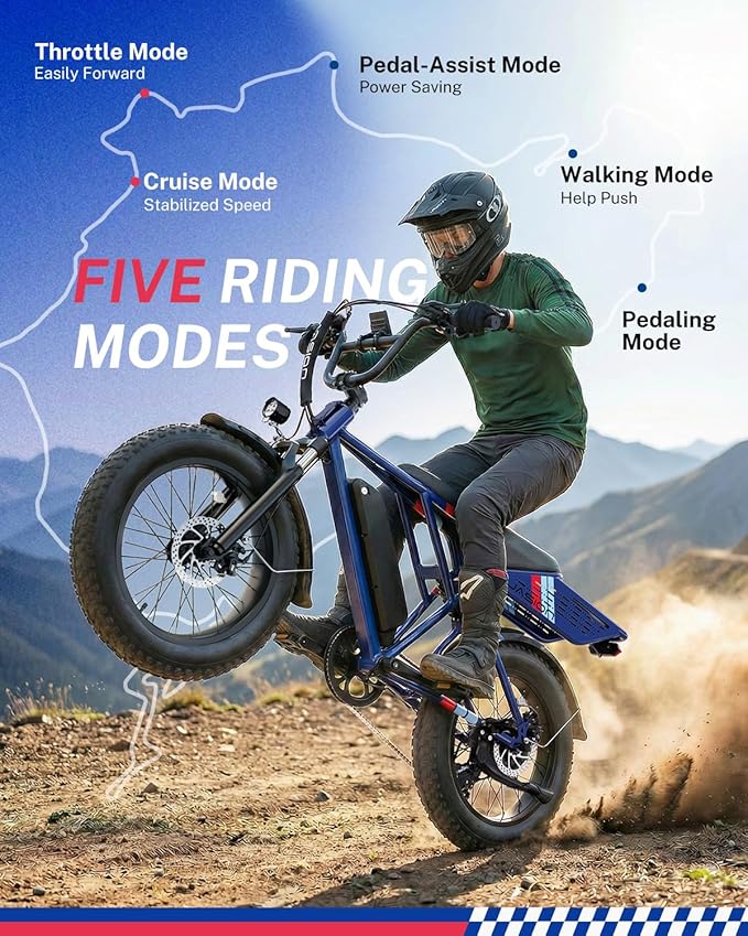 Jasion RetroVolt Electric Bike for Adults, 2000W/3000W Peak - 30/38MPH Electric Dirt Bike, 48V-52V, 13AH/20AH Battery, 70/90Miles Max Range Electric Motorcycle, 20'' X 4'' Fat Tire All-Terrain E-Bike