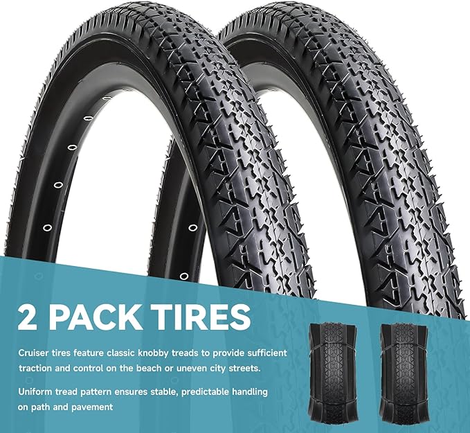 Hycline 26x2.125 Cruiser Bike Tires Set: 2-Pack 26-inch Premium Butyl Rubber High-Performance Folding Replacement Bicycle Tires for Beach Cruiser and Urban Commuting Bicycle