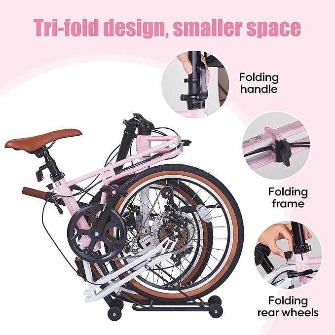 20 inch Folding Bike for Adults, 7-Speed Commuter Bike for Women Men, Foldable Bicycle Extra Light with Basket/Adjustable Seat,Front & Rear Disc Brakes Compact Urban Bikes for City Commuting