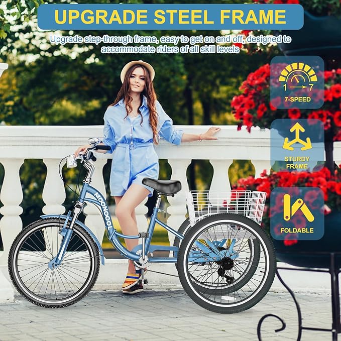 NAIZEA Folding Adult Tricycle - 7 Speed 20/24/26 Inch Folding Tricycle for Adult, 3 Wheel Bike, Foldable Trike with Large Basket/Low-Step Through for Men Women Senior