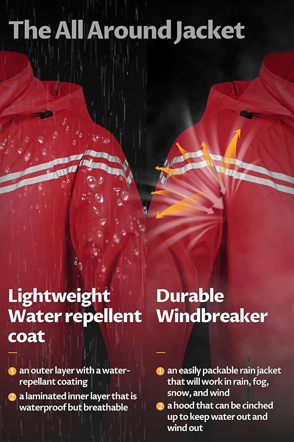 CREATMO US Men's Packable Waterproof Running Rain Coats Reflective Cycling Jacket Windbreaker With Removable Hood