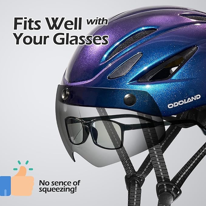Odoland Bike Helmet with Magnetic Sun Visor for Adults, Glasses-Friendly Design Adjustable Dial Cycling Helmet for Men & Women, Urban Riding Bicycle Helmet for Mountain, Road, E-Bike, Commuting
