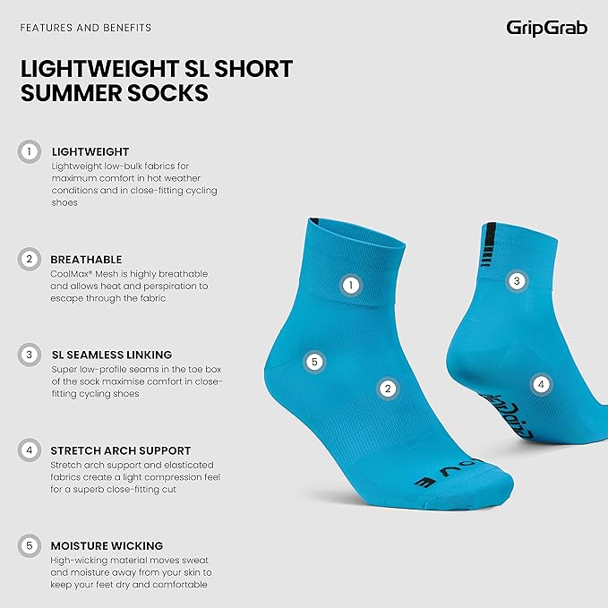 GripGrab Lightweight SL Performance Summer Cycling Socks Eyecatching 2 Lengths Road Mountain Gravel Bike Indoor Biking