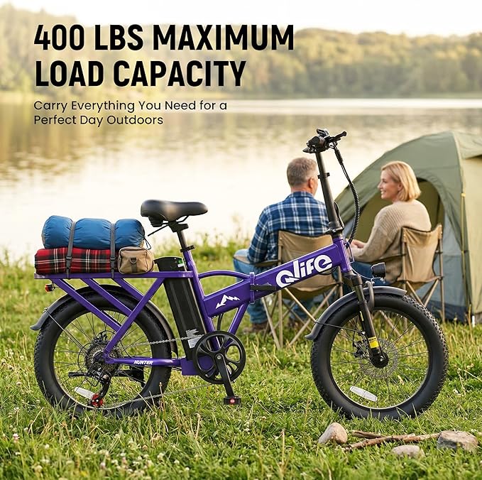 Qlife Hunter Foldable Electric Bike for Adults, Peak 1200W Ebike with 48V 13.5Ah Battery, 65-Mile Range, Heavy-Duty Rear Rack, 20-Inch Fat Tires, Folding E Bike for Commuting & Outdoor Use