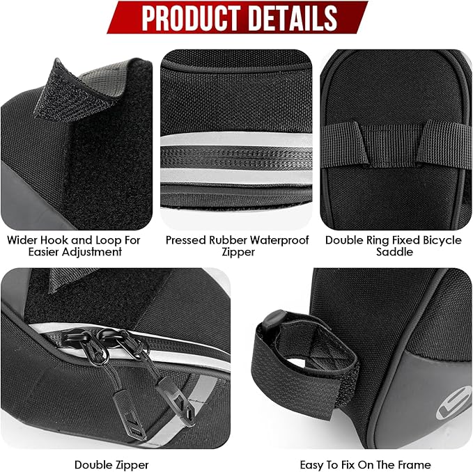 WOTOW Bike Saddle Bag - Waterproof Strap-on Bike Seat Bag - Reflective Bicycle Under Seat Storage Pouch for Road Mountain Bike Cycling Travel