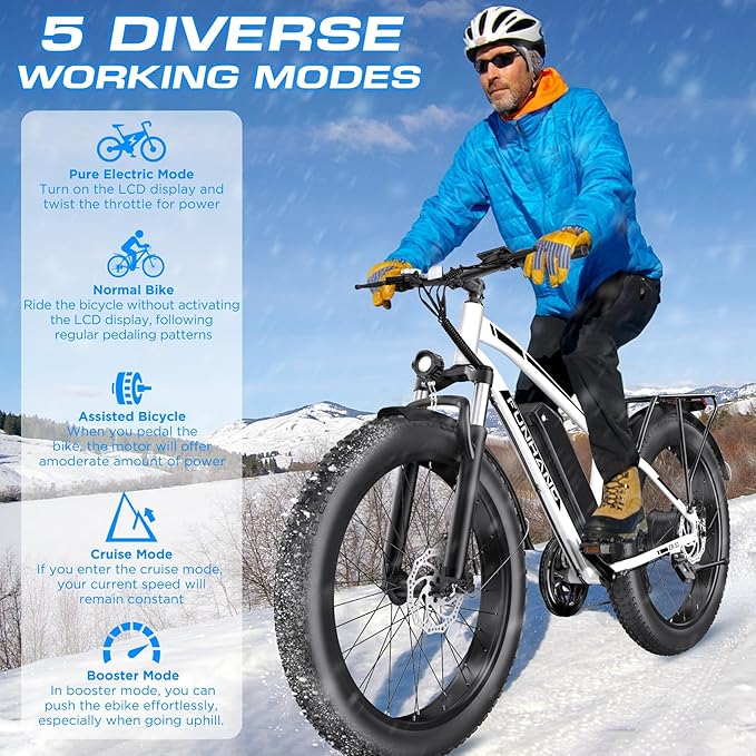 Electric Bike for Adults, 1000W Peak Ebike, 25MPH 60Miles Electric Mountain Bike, 26" Fat Tire Electric Bicycle with 48V 13AH Battery, Front Suspension,7 Speed, Rear Rack, UL 2849 Certified
