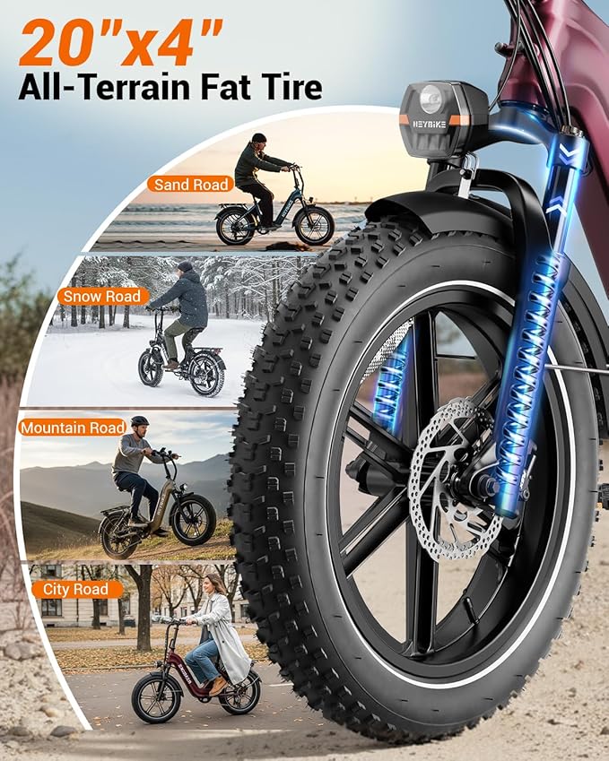 Heybike Ranger 20"x4.0" Fat Tire Folding Electric Bike for Adults, 1200W/1800W Peak Motor, 28/32MPH, up to 55/90 Miles Range, UL2849 Certified Removable Battery for Commute Beach Mountain Snow E Bike