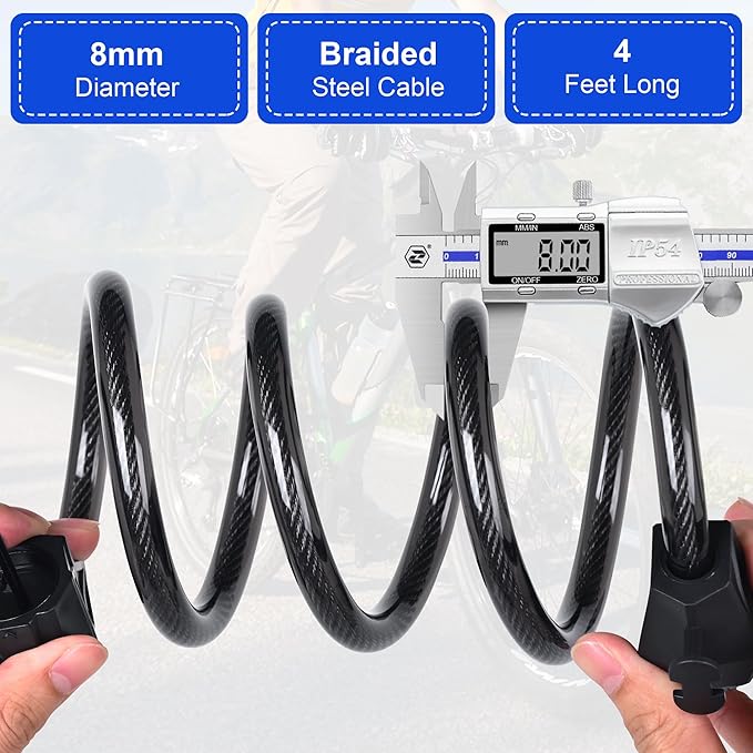 Ebike Electric Bike Cable Lock, Resettable 4 Feet Cable Lock for Electic Bicycle, Electric Scooter, Motorcycle with Mounting Bracket