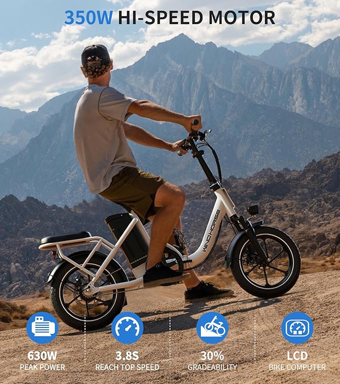 WINDHORSE 16" Folding Electric Bike for Adults, 630W Peak Motor, 20MPH, 19–35 Miles Pedal Assist Range, LCD Display, Suspension, Dual Disc Brakes, Removable Battery, Commuter Ebike