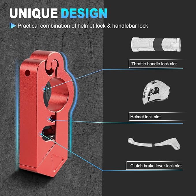 Motorcycle Lock Combo - Helmet and Brake Anti-Theft Grip for All Motorcycle, Bike, ATV, Scooter With Handlebar Diameters Within 1.3-1.5 Inches (Red)