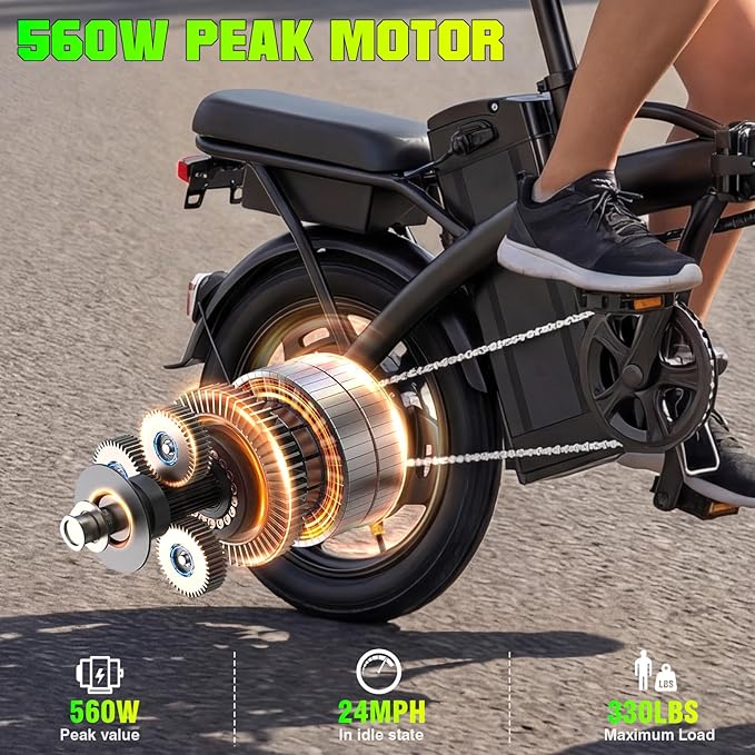 Electric Bike for Adults Teens, Commuter City Folding ebike with 560W Motor and 48V Battery, 24MPH 3-Level Pedals Assist, Dual Disc Brakes,14" Compact Foldable Electric Bicycle with Lock