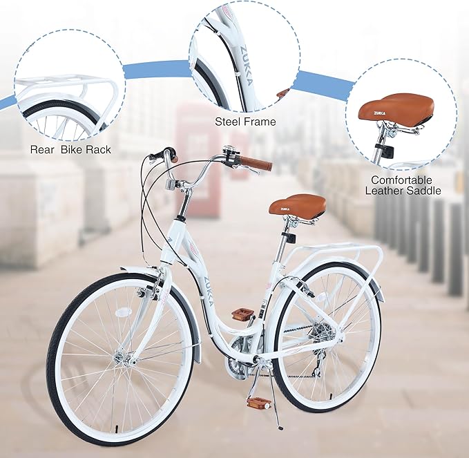 Commuter Bicycle, 26 Inch Ladies Bicycle for Adult, 7-Speed/High-Carbon Steel/Front & Rear Fenders, Ergonomic Upright Design Multiple Colors