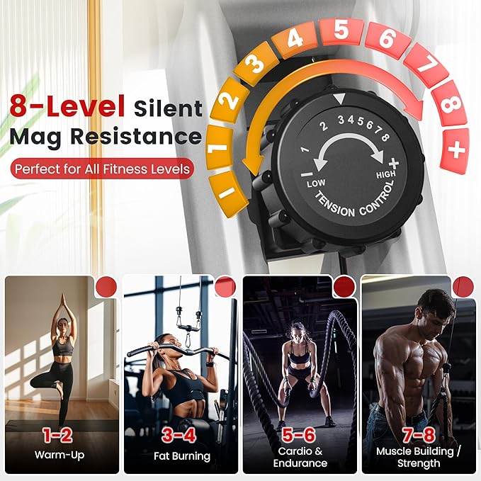 Foldable Exercise Bike, Multifunctional Indoor Stationary Bikes for Home with 8-Level Magnetic Resistance, Quiet Workout Bike with Arm Resistance Bands, LCD Monitor, 300LBS Capacity