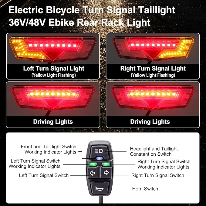 EBike Light Kit with Turn Signals, Front Headlight 400 Lumens, Rear Taillight fits Rack Holes 80mm, Handlebar Control Switch, for E-Bike and Electric Scooter 12V-48V