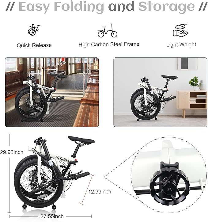 20 Inch Folding Bike for Adults, 7-Speed Shimano Gears & Dual Disc Brakes, Steel Frame,Compact Foldable Design- Perfect for Commuting/Travel