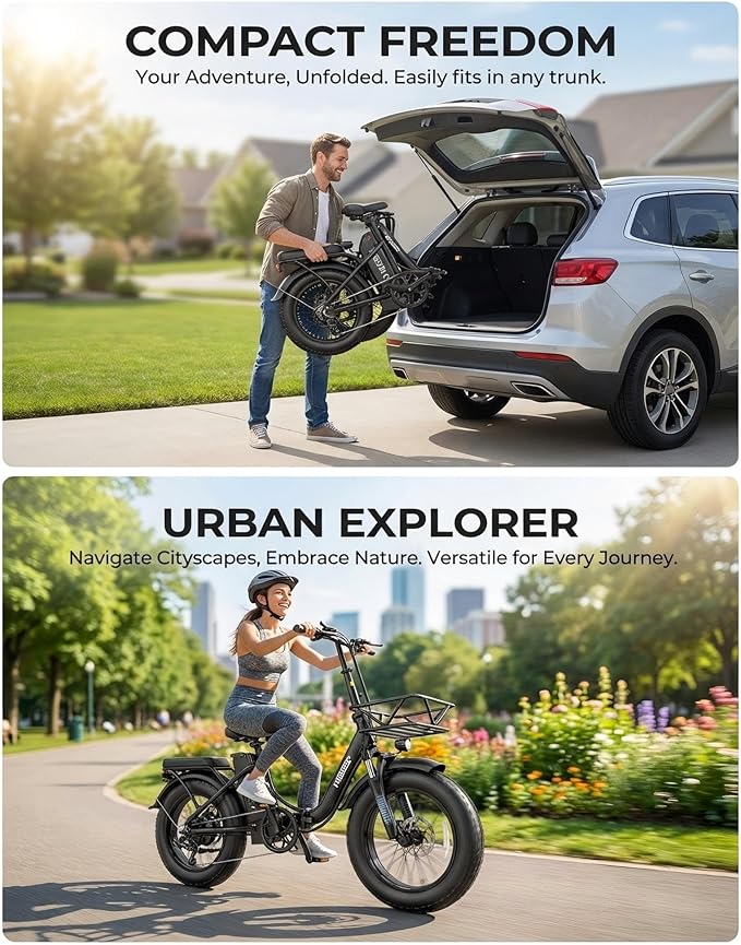 Folding Electric Bicycle for Adults - 750W High Power Motor, 16"/20" Fat Tire E-Bike, Long Range 48V 13AH/25Ah Battery, LCD Screen, Disc Brakes, Adjustable Seat & Handlebar