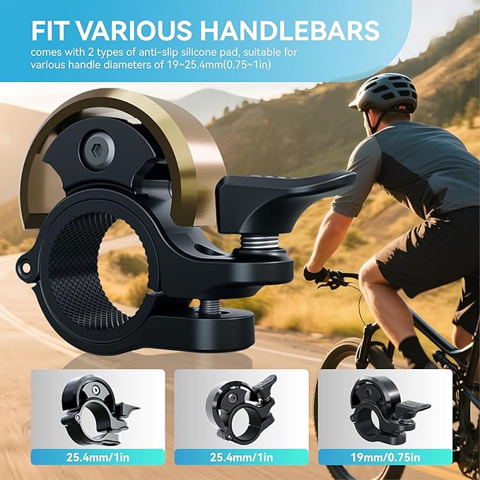Greallthy Bike Bell, Aluminum Alloy Bicycle Bell with Clear Loud Sound, Bike Bells for Adults and Kids, Sturdy and Compact Bell Fits 0.75-1in(19-25.4mm) Handlebar for Mountain, Road Bikes.
