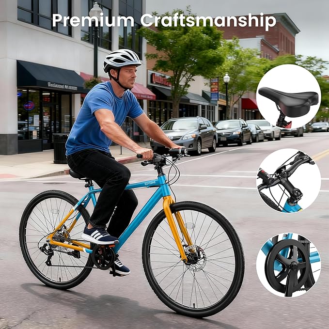 MOONCOOL Hybrid Bike for Men, 700C Aluminum 29LBS Ultra-Light 8-Speed Commuter Bike, 350lb Capacity, 29" Adult Urban Bicycle, Dual Disc Brakes, for Tall Men&Women, 85% Pre-Assembled