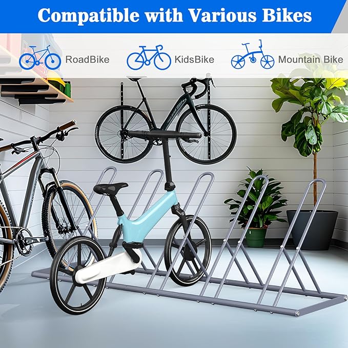 melos 5 Bike Rack, Parking Bike Stand, Outdoor For Mountain Floor Bike Rack, Heavy Duty For Bicycle Garage, Space-Saving Bicycle Holder For Home, Yard, Office, Silver