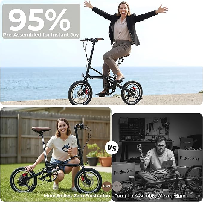 16 Inch Folding Bike for Adults, Instant 1-Second Fold Technology, Lightweight 33lbs Commuter Bicycle, 95% Pre-Assembled, 7-Speed Gear System, Ultimate Space-Saver Foldable Bike for City Travel