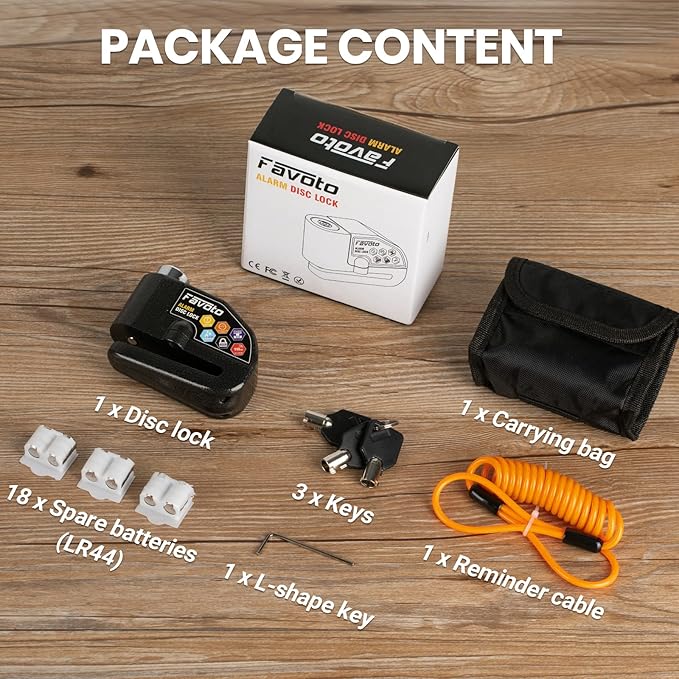 Favoto Alarm Disc Lock, 3 Keys and 18 Batteries (5-Year Availability), 110 dB Waterproof Anti-Theft Security Brake Padlock, 7mm Lock Pin with Reminder Cable, Fit for Motorcycle E-Bike Bicycle Scooter