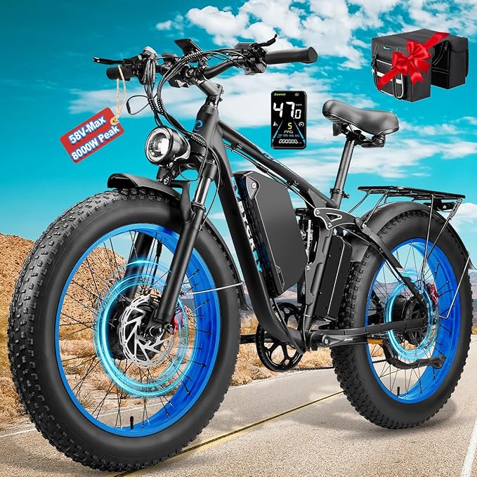 8000W Peak EBike for Adults, 34Ah 58V Max-Output 1856Wh Dual Motor Electric Bike, 47MPH Fast Ebike,Up to 105Miles 24" x4.0 Fat Tire E Bike,Full-Suspension Mountain E-Bike for Sand Snow Beach