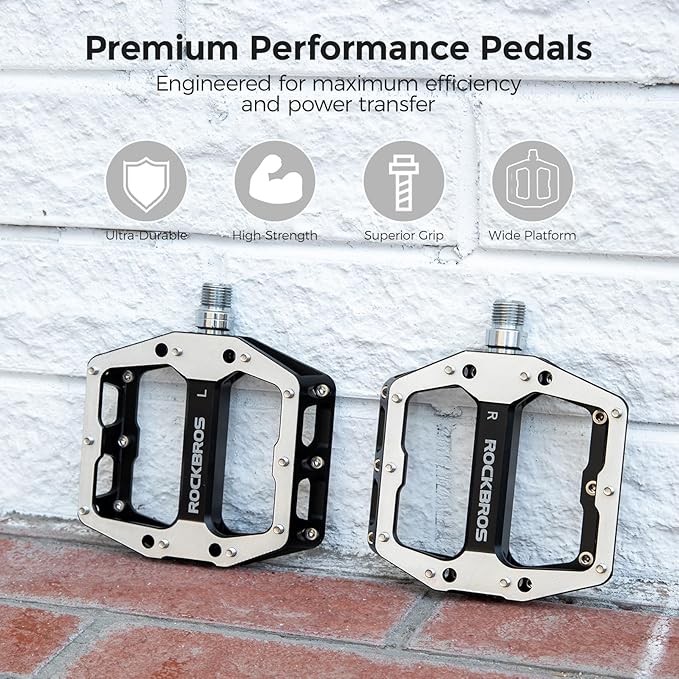 ROCKBROS Mountain Road Bike Pedals Durable CNC Machined Wide Flat Pedal Non-Slip Lightweight Aluminum Alloy，with Smooth Sealed Bearings for 9/16" Bicycle, MTB, E-Bike