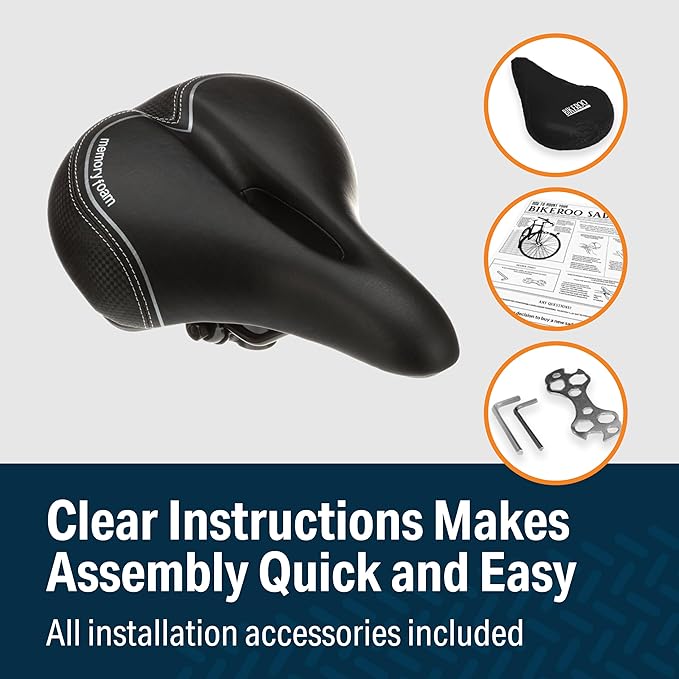 Bikeroo Extra Wide Replacement Saddle - Fits Indoor & Outdoor Bicycles - Steel Spring & Elastomer Suspension - Center Cutout - Memory Foam