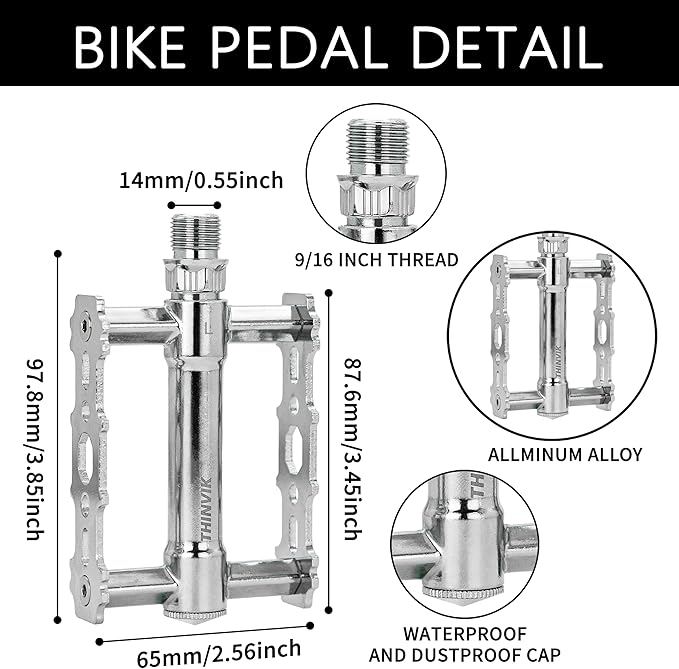 Thinvik Bike Pedals of 9/16 Inch - Retro Silver Bicycle Flat Pedals with Reflectors - Lightweight Aluminum Alloy Platform Pedals with 2DU Sealed Bearings for Mountain, BMX, and Road Bikes