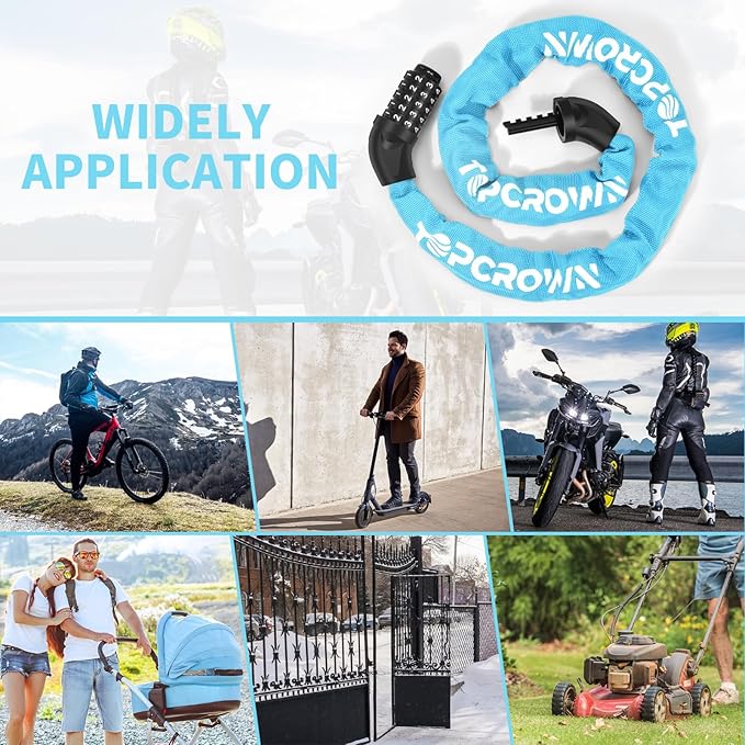 Bike Chain Lock 3.2Ft Long High Security Heavy Duty Anti Theft, 5 Digit Combination Resettable Keyless Bicycle Lock for Bike/Electric Scooter/Ebike/Motorcycle(Sky Blue)