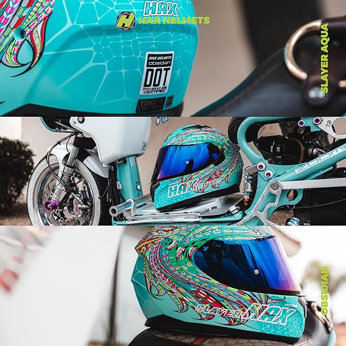 HAX Obsidian Full Face Dual Visor Adult Motorcycle Helmet for Motorbike Street Bike with Pinlock Ready DOT Approved Slayer Turquoise XXL