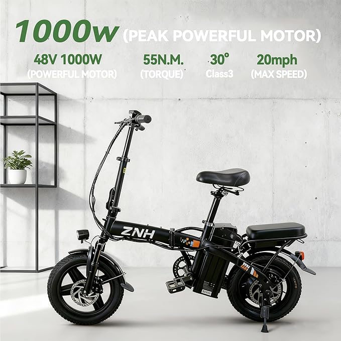 ZNH Electric Bike for Adults and Teens,14" Foldable Electric Bike with 1000W Peak Motor Up to 23 MPH, Electric Mini Bike with 48V 13Ah Removable Battery 28-50 Miles PAS Range, UL 2849 Certified