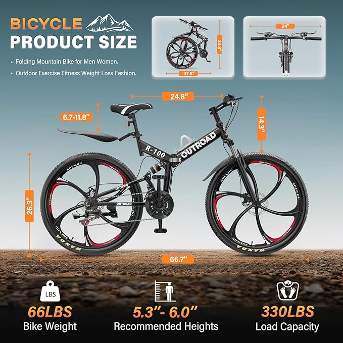 26 inch Folding Mountain Bike, Carbon Steel Frame and 21 Speed, Double Disc Brake and Dual Suspension Folding Bike for Adults/Men/Women, Easy Assembly Bicycle(Black/Green/Orange)