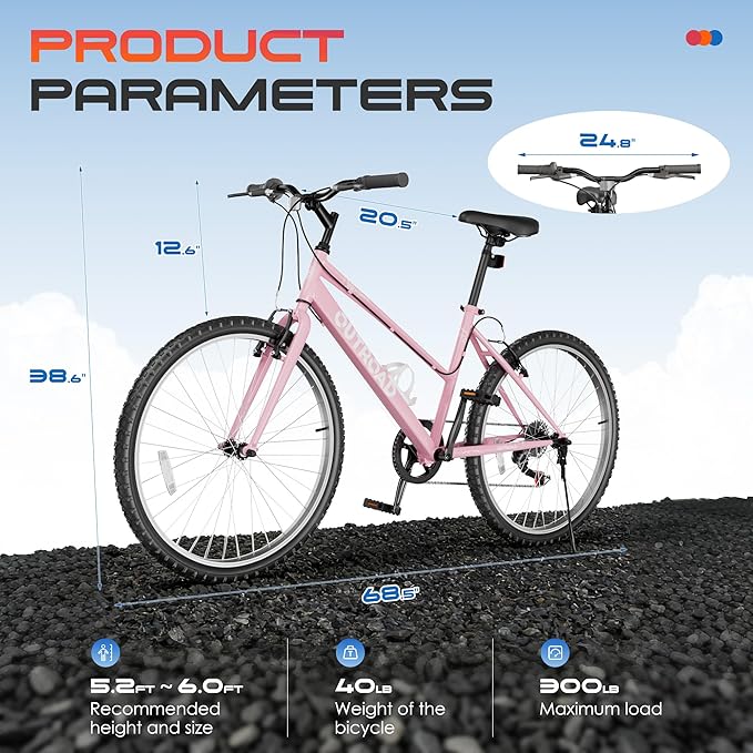 26 inch 7-Speed Commuter Bicycle,Men's Cruiser Bike/Mountain Bike/Hybrid Bicycle,V Brake,Metal Frame, Adult Bike (Black, White, Blue, Green, Purple, Pink)