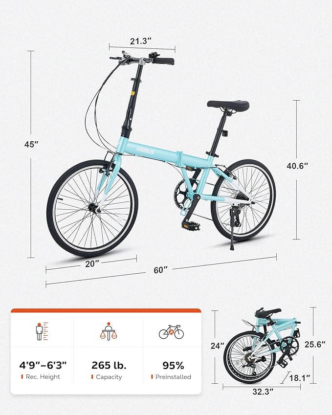 VIRIBUS Folding Bike for Adults, 20 inch Foldable Bike 7 Speed, Lightweight Compact Bicycle, Portable Collapsible Bikes for Adult Men Women City Commuters, 90% Pre-Assembled, Fold Up Bikes