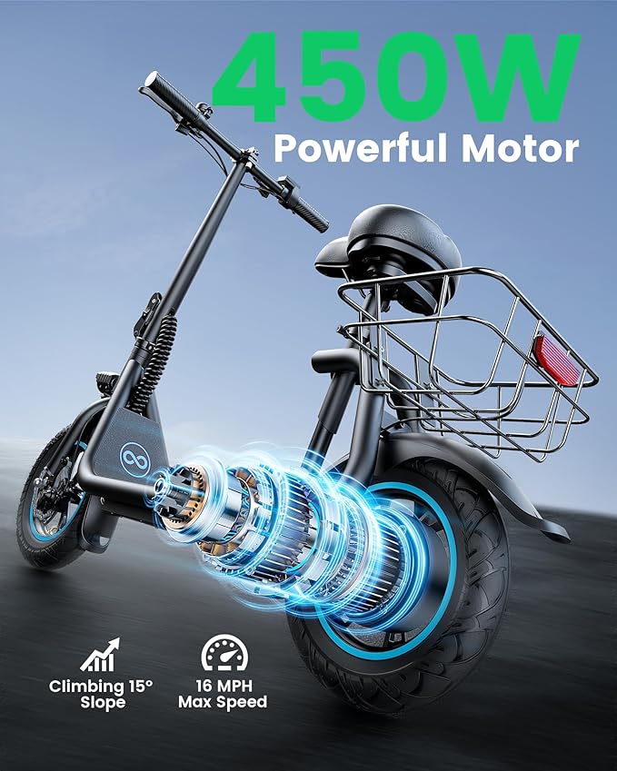 C1 Electric Scooter with Seat for Adults, 450W Motor, 20-Mile Range, 16 MPH, Foldable Commuter E-Scooter with Basket for Grocery, Pets, and Daily Commute– Carbon Black