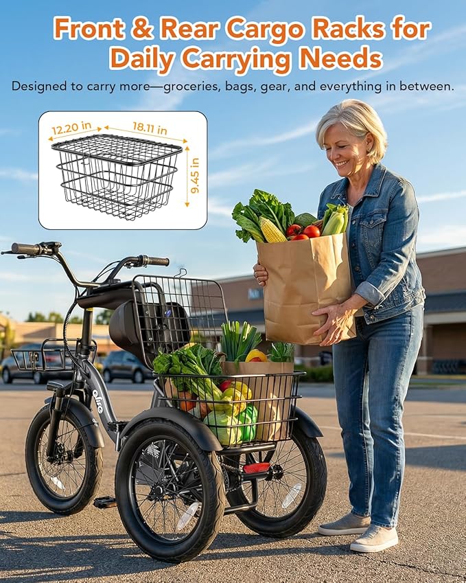 Qlife Triker Electric Bike, Peak 750W/1200W Brushless Motor Folding Trike Ebike, 499Wh Removable Battery, Step-Thru 3 Wheel Electric Bicycle, Up to 55 Miles, 20 Tire Tricycle for Adults