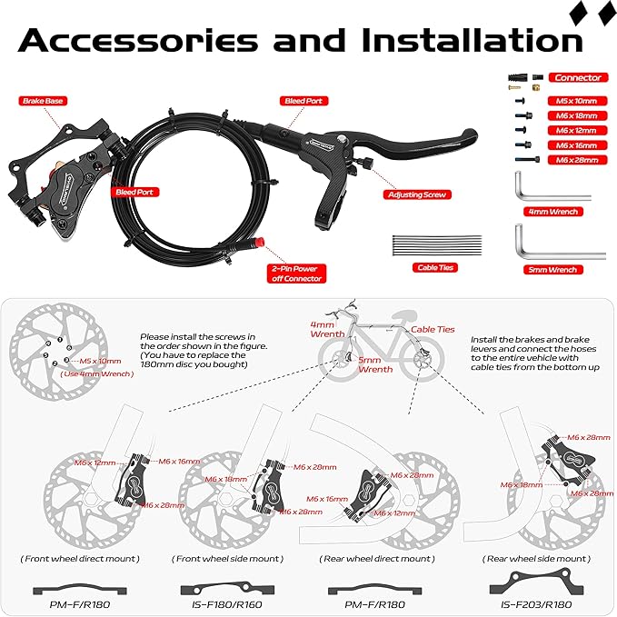 E-Bike Hydraulic Disc Brake Set 4-Pistons/2-Pistons,2-PIN/3-PIN Pre-Bled with Mineral Oil Brakes Kit,Front and Rear Set,180mm 2.3mm Thick Rotors
