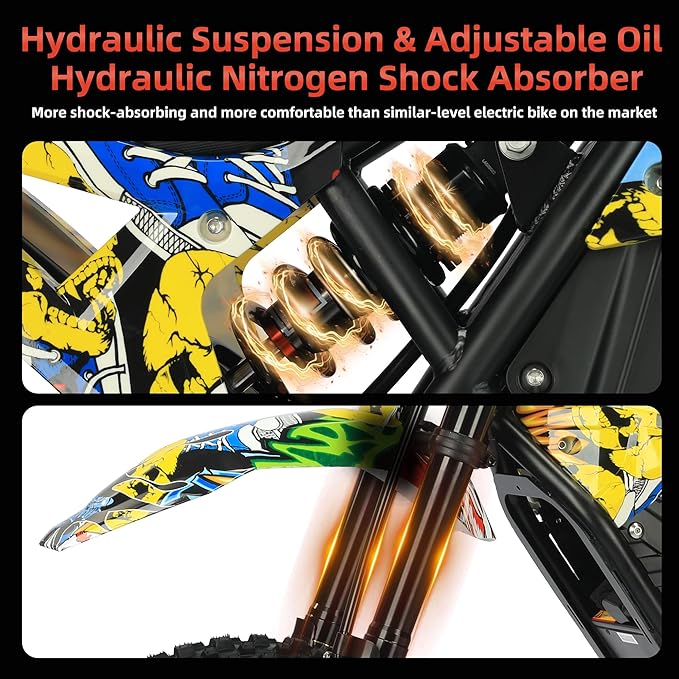 2000W Electric Dirt Bike for Teens & Adults - 37MPH Off-Road EBike, 48V 23AH Removable Battery E Bikes, 14"/12" Fat Tires Bicycle, Hydraulic Brakes Mountain Trail Motorcycle for Ages 13+