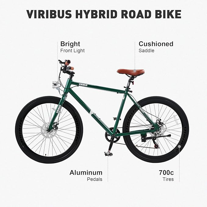 VIRIBUS Hybrid Bikes, 28 inch Mens Hybrid Bicycle 7 Speed with Lightweight Aluminum Frame & Disc Brakes, 700C Retro Vintage Adult Bike for Tall Men & City Commuters, 85% Pre-Assembled