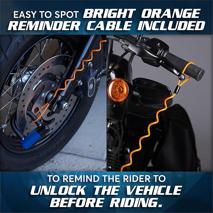 Anti Theft Motorcycle Disc Lock - Heavy Duty Bike Lock with Reminder Cable & Carry Pouch - Universal Fit Disc Brake Lock for Motorbikes, Scooters, and Mopeds (Blue)