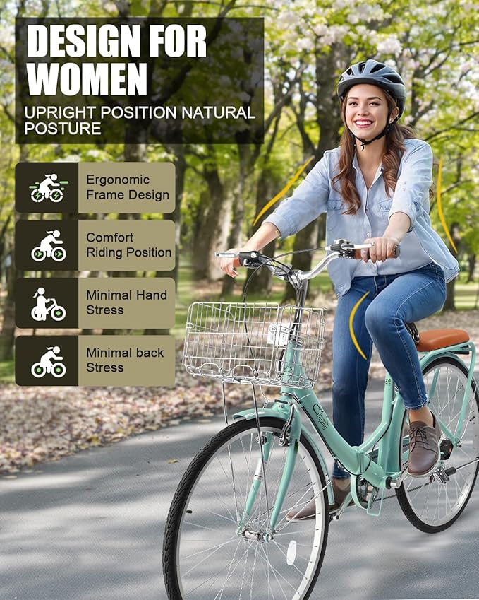 24/26 Inch Foldable Bike Folding Bicycle, 7 Speed Beach Cruiser Bike with Lock, Comfort Back Seat, Foldable Basket & Ergonomic Upright Frame, Cruiser Bicycle for Adults