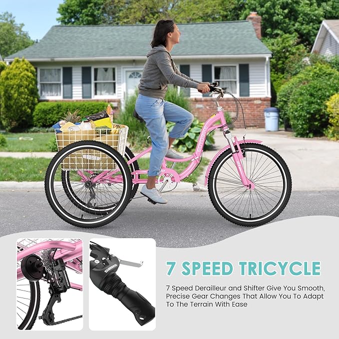 LILYPELLE Adult Folding Tricycles, 7 Speed Folding Adult Trikes, 20/24/26 inch 3 Wheels Bikes with Low Step-Through, Large Basket, Foldable Tricycle for Adults, Women, Men, Seniors